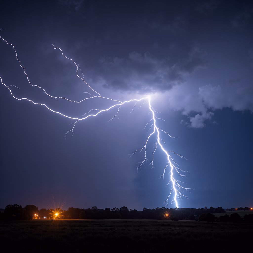Stunning lightning strike over a dark landscape, showcasing the power of nature.