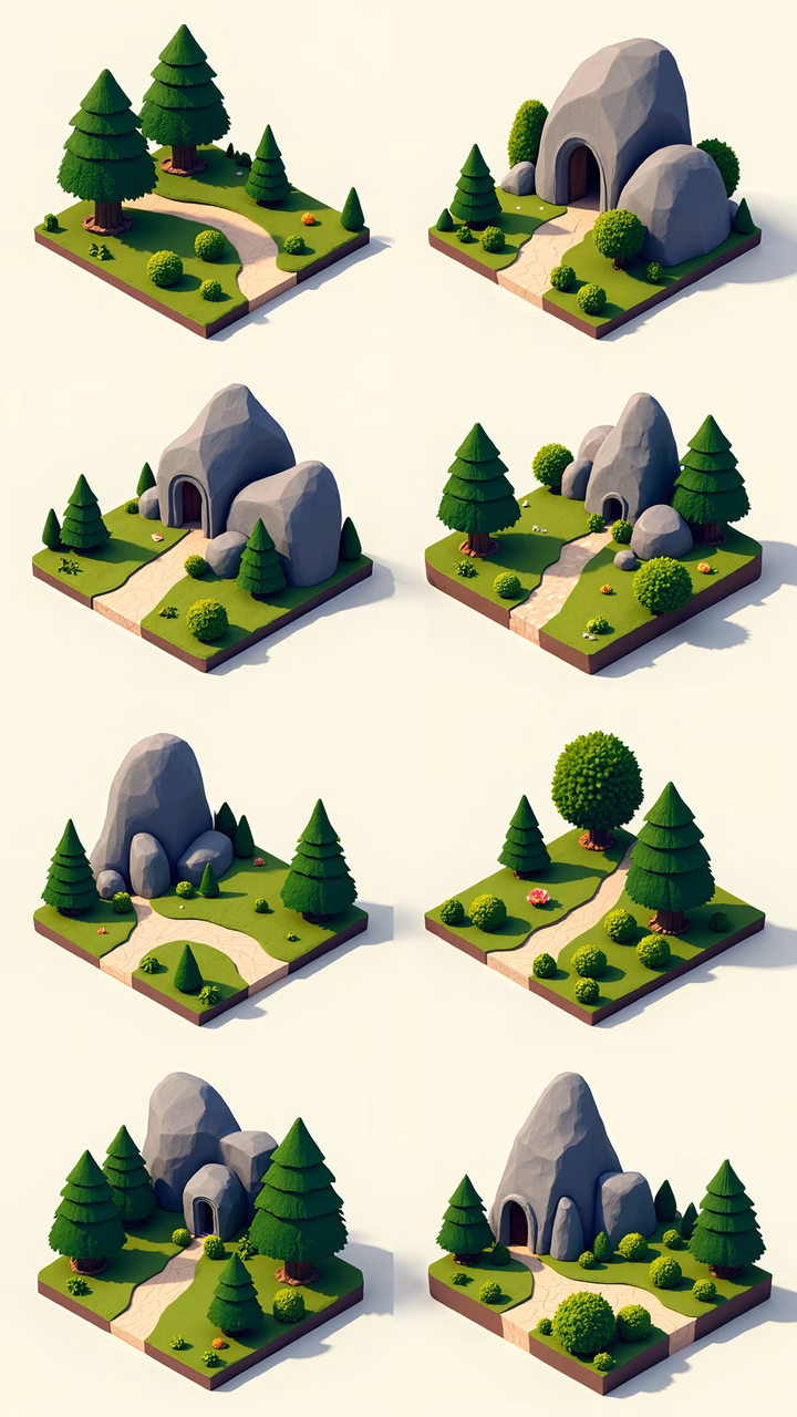 Stylized low poly landscapes with vibrant greens and earthy tones, evoking a sense of tranquility.
