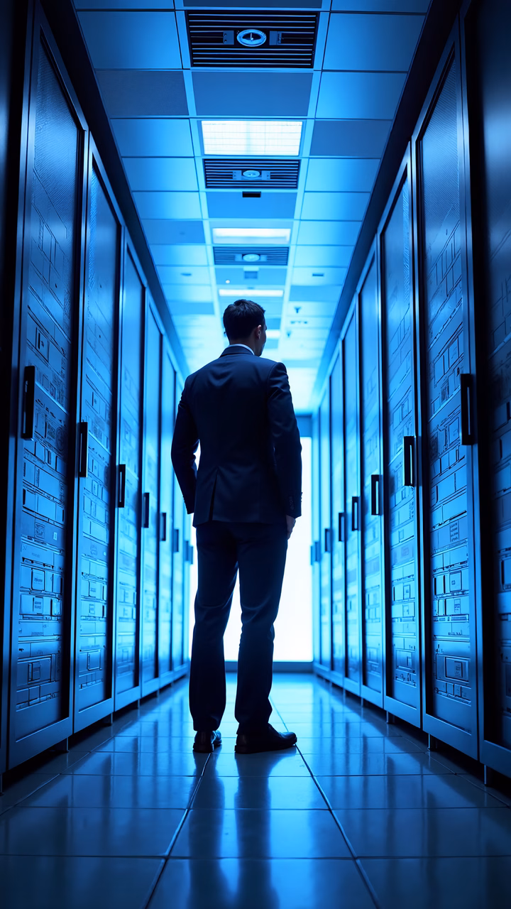 Silhouette of a man in a suit standing in a server room, illuminated by a bright light at the end of the corridor.