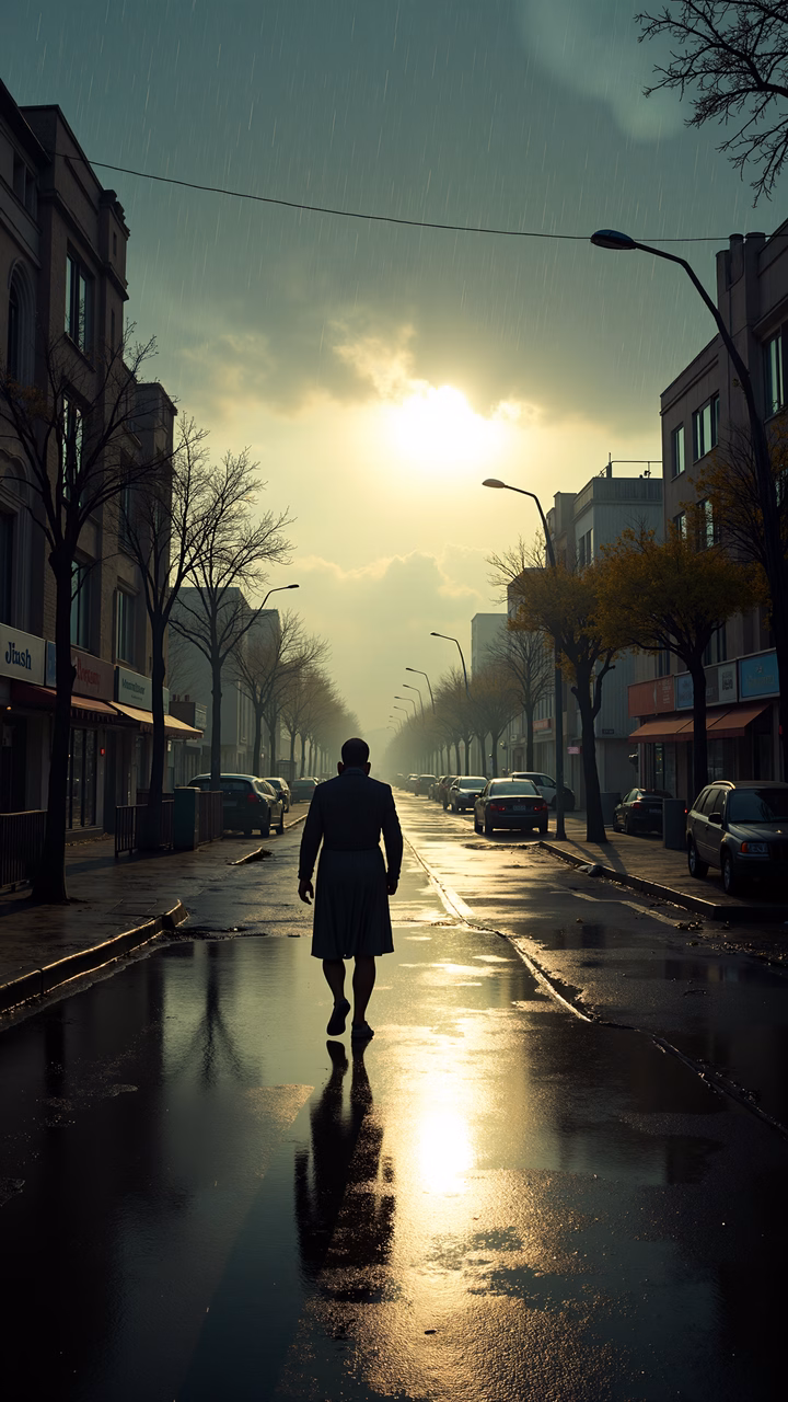 Solitary figure walking in a rainy urban landscape, reflecting warmth from the sun.