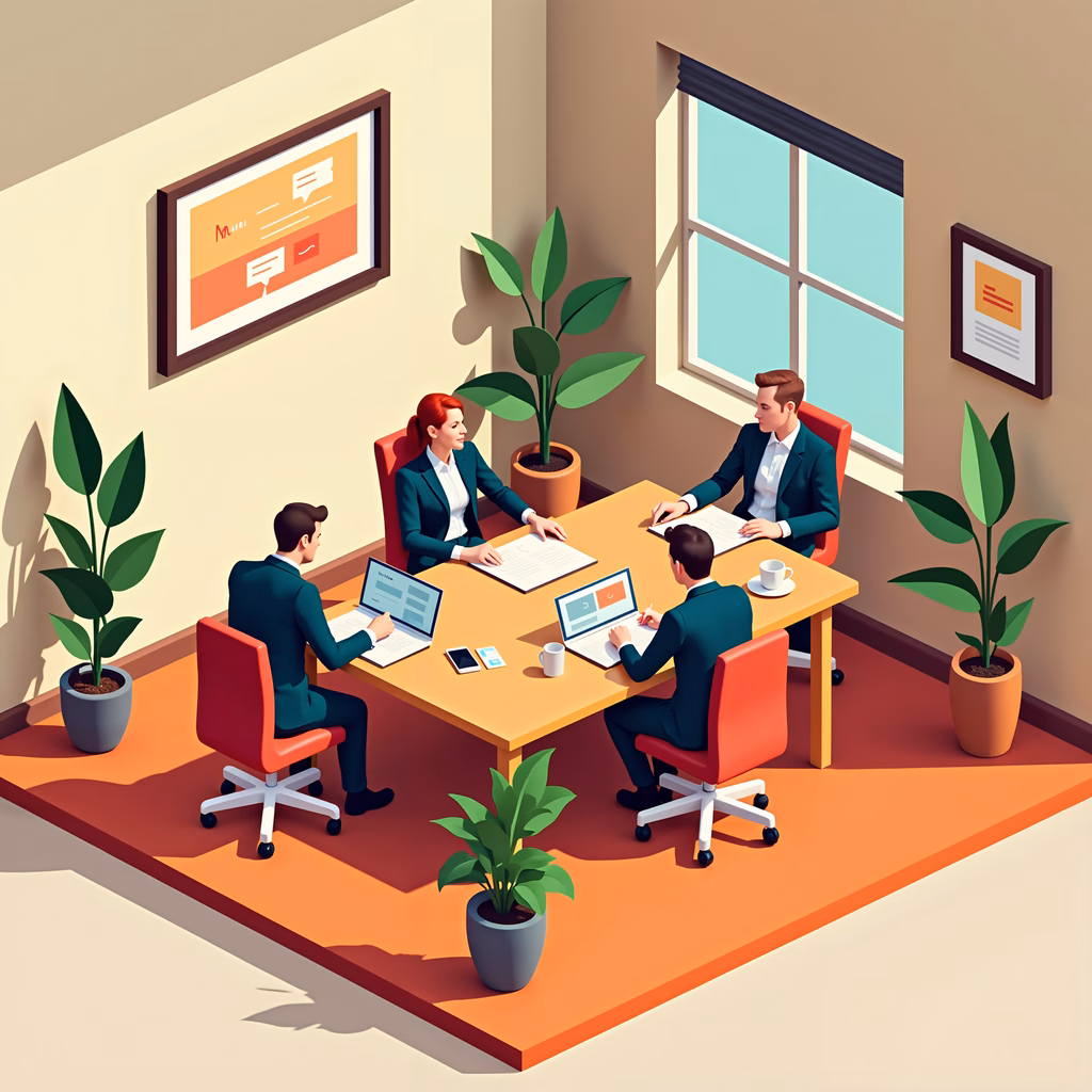 Professional meeting in a modern office setting with natural light and greenery.