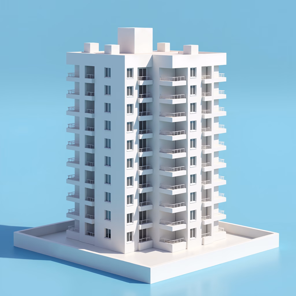 Modern apartment building with clean lines and vibrant blue sky.