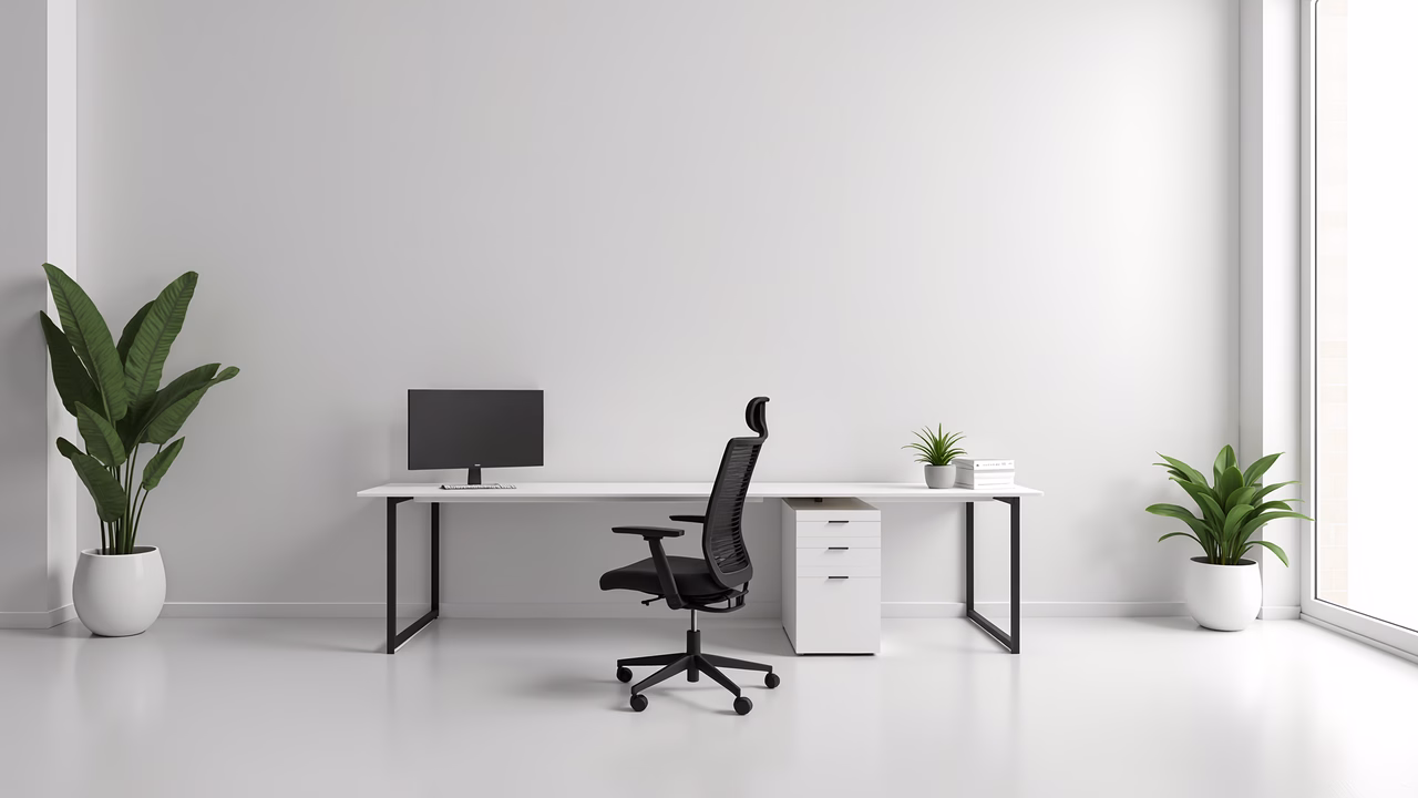 Modern, minimalist workspace with white desk, black chair, and green plants.