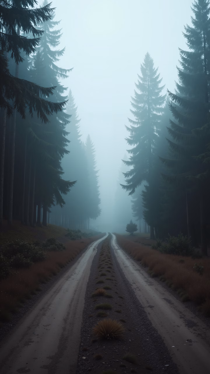 A misty forest path leading into the unknown, enveloped in tranquility and mystery.