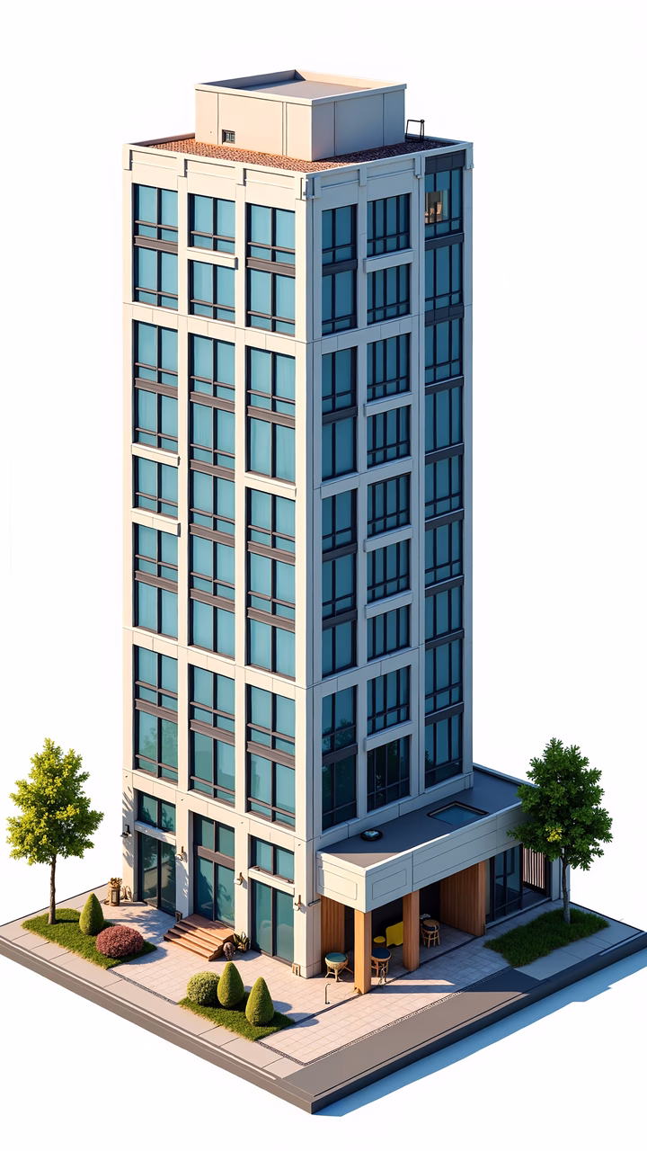 Modern apartment building with teal-tinted windows and lush landscaping.
