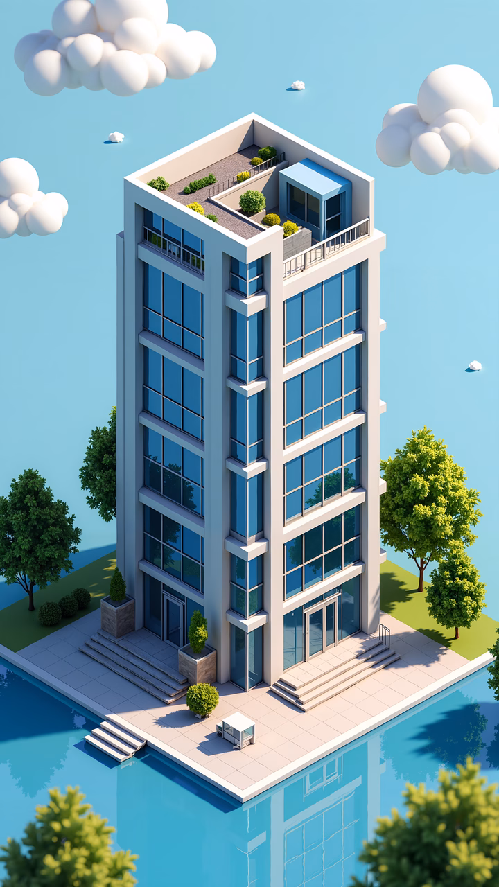Modern architectural illustration with glass windows and green surroundings.