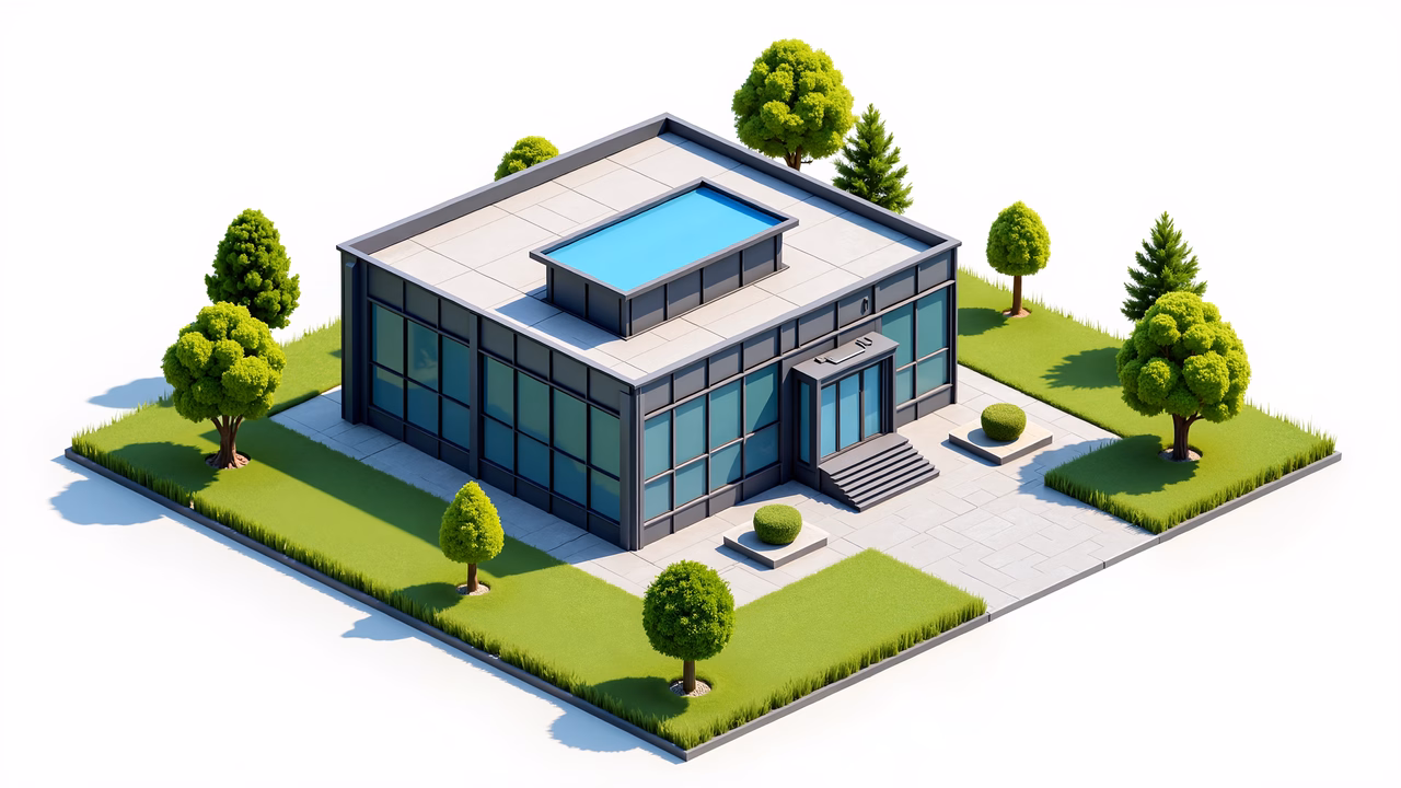 Modern architectural illustration with vibrant colors and serene surroundings.