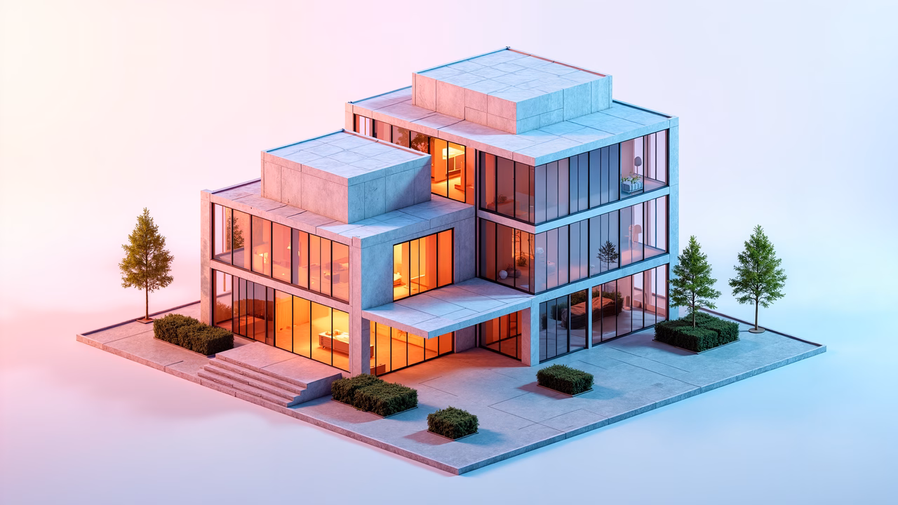 A modern house with large glass windows and clean concrete blocks, set against a tranquil twilight sky.