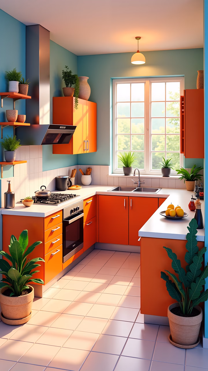 Brightly colored modern kitchen with natural light and plants.