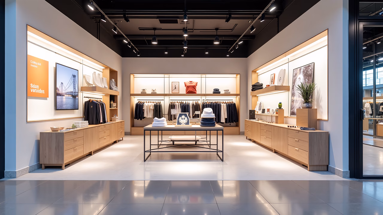 A sleek, modern retail store with wooden accents and warm lighting.