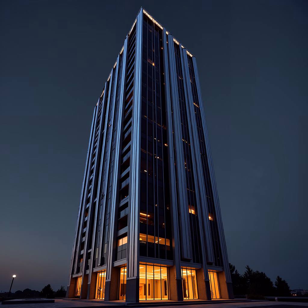 Modern skyscraper illuminated at twilight, showcasing urban sophistication.