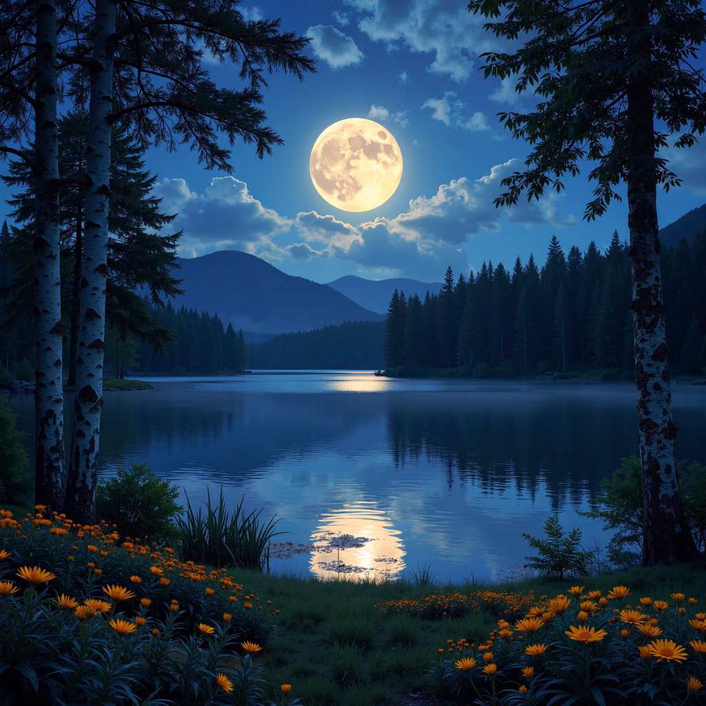 A serene night landscape with a full moon and vibrant flowers.