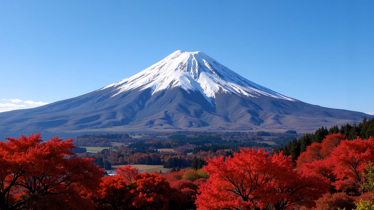 Snowy Mount Fuji amidst autumn colors under a clear blue sky.