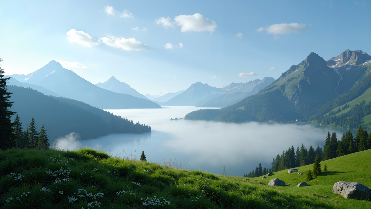 A breathtaking view of a mountain lake nestled amidst verdant hills and towering peaks, bathed in soft morning light.