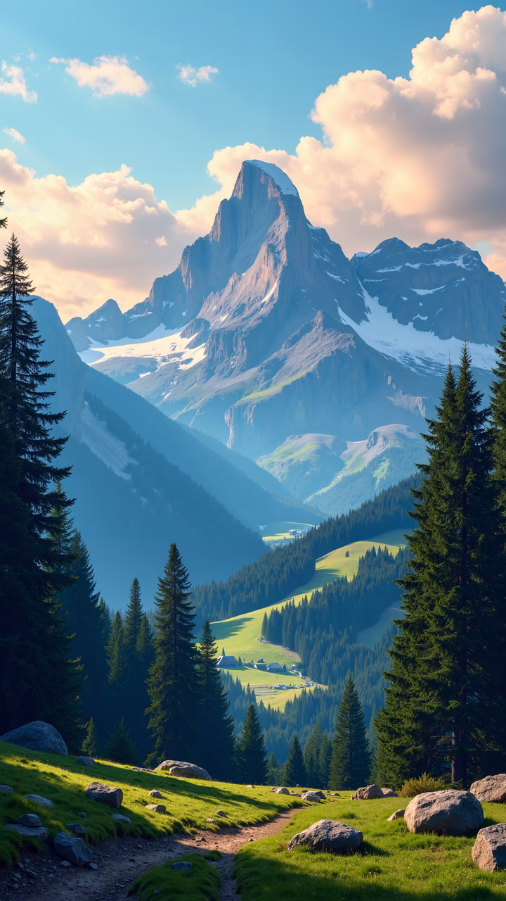 A tranquil mountain landscape with lush greenery and towering peaks under a clear blue sky.