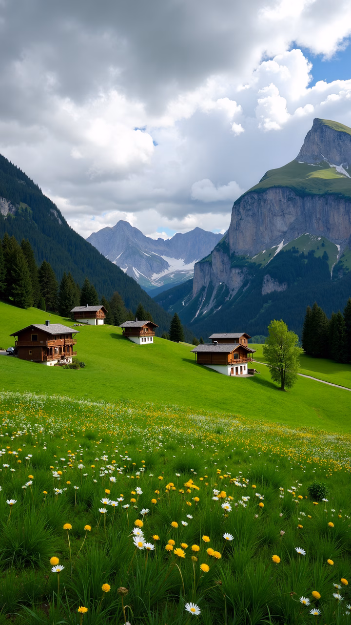 Idyllic mountain village with wildflowers and wooden chalets.