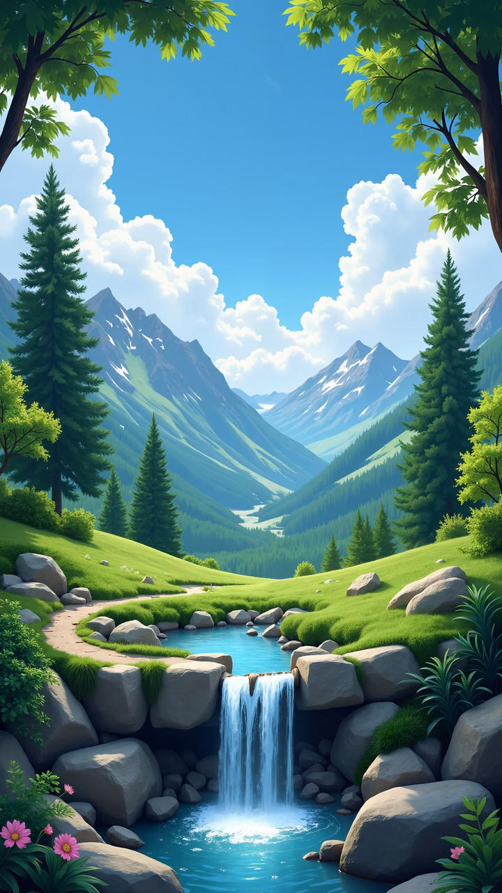 A peaceful mountain landscape with lush greenery and a serene waterfall.