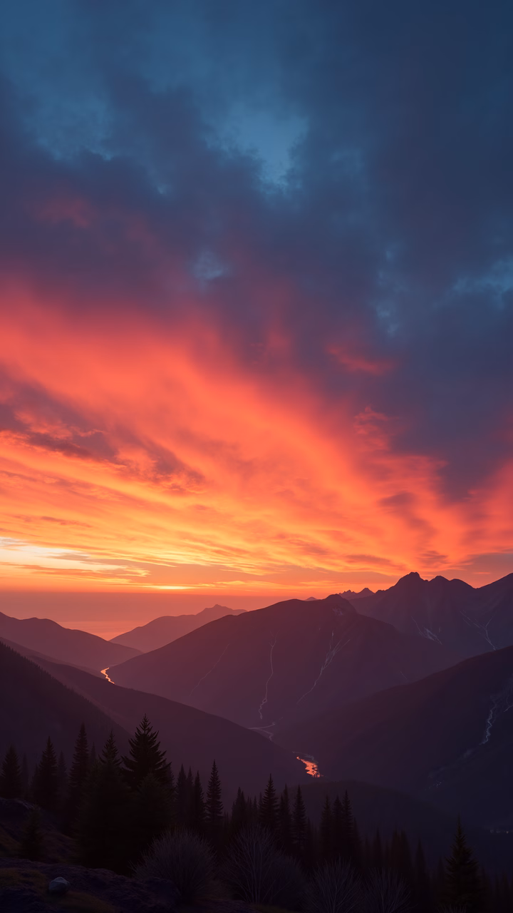 A stunning sunset over mountainous terrain with vibrant colors and serene atmosphere.
