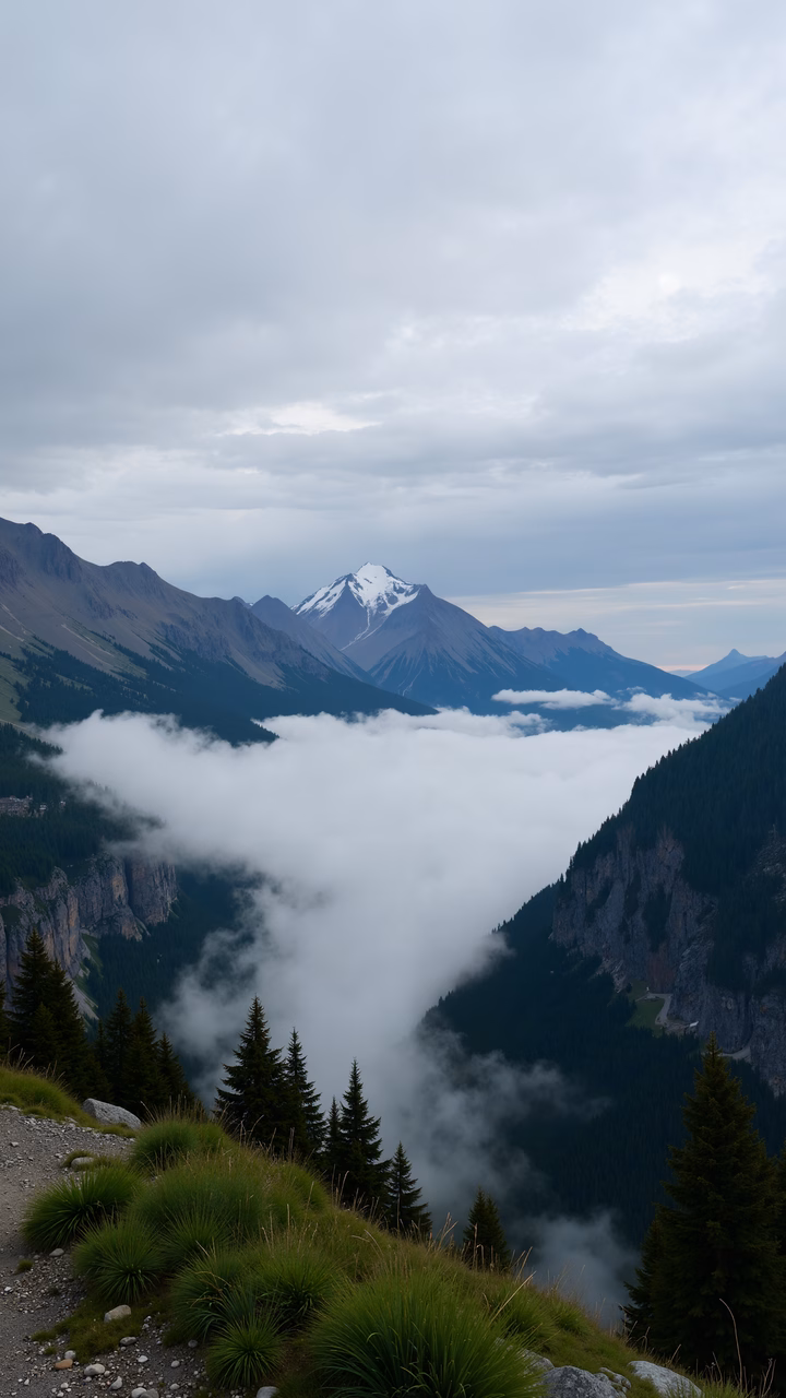 A misty mountain valley with lush greenery and snow-capped peaks under an overcast sky.