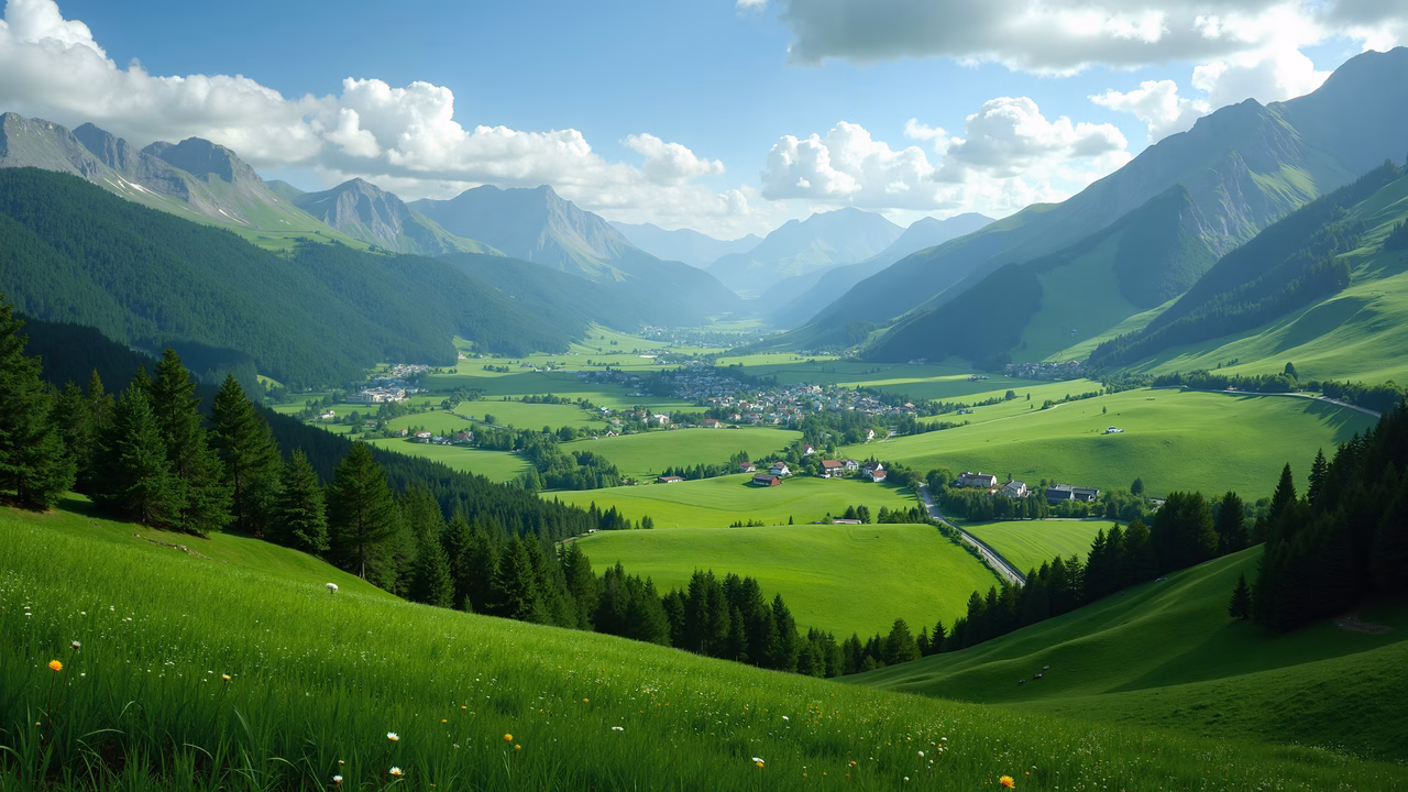 A tranquil mountain valley with vibrant green meadows and scattered houses under a clear blue sky.