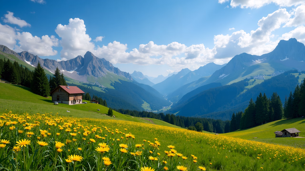 A picturesque mountain valley with blooming yellow flowers and a small wooden house.