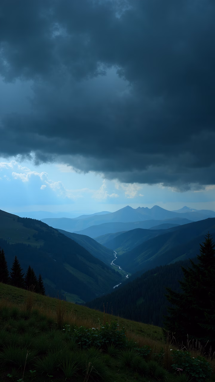 Dramatic mountain valley under stormy skies, lush greenery, winding river, intense atmosphere.