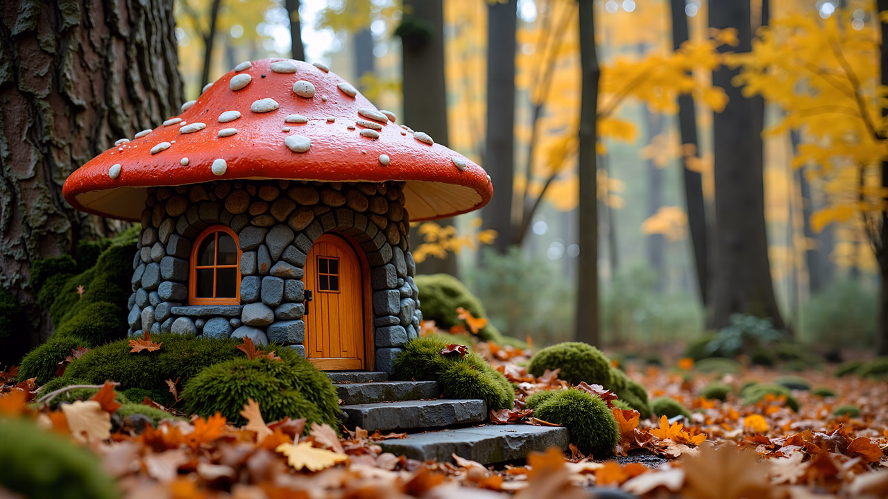 Whimsical mushroom cottage in a magical autumn forest
