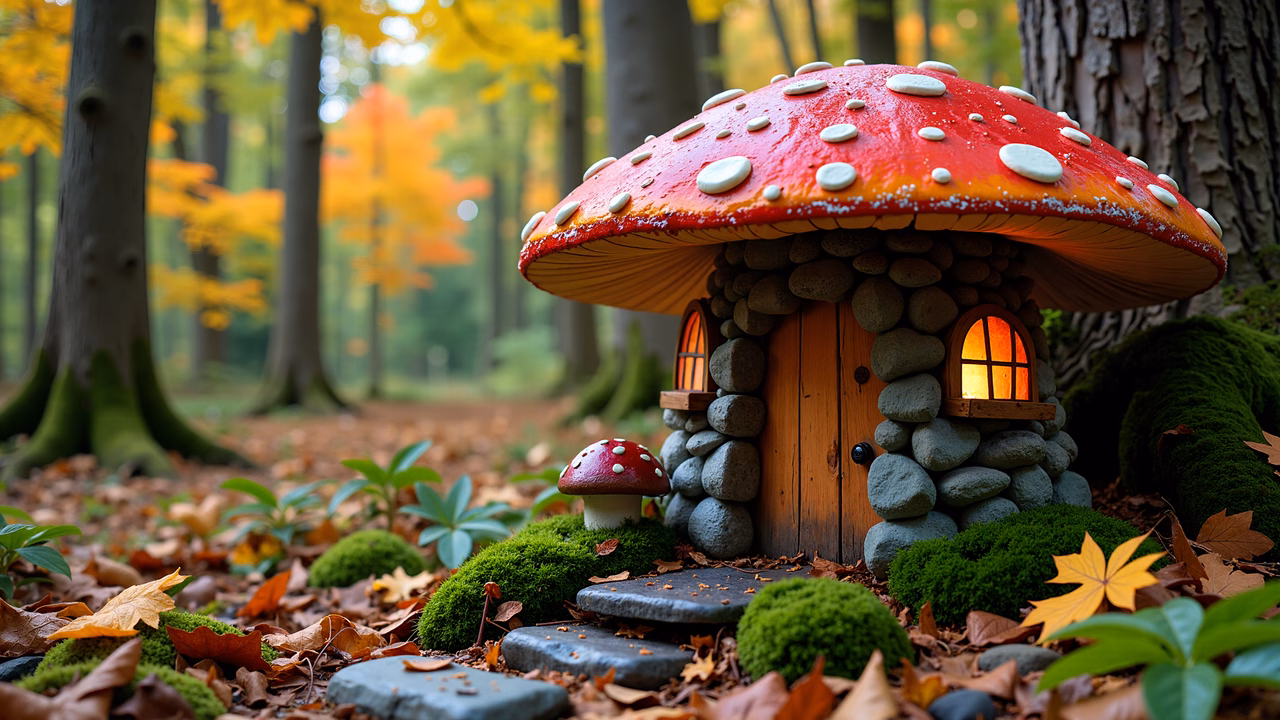 A cozy mushroom cottage in a magical autumn forest.