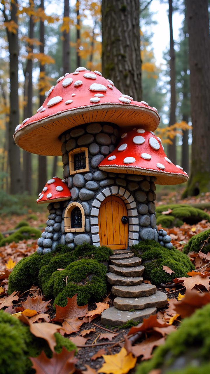 Whimsical mushroom house in a forest setting, perfect for fantasy-themed decor.