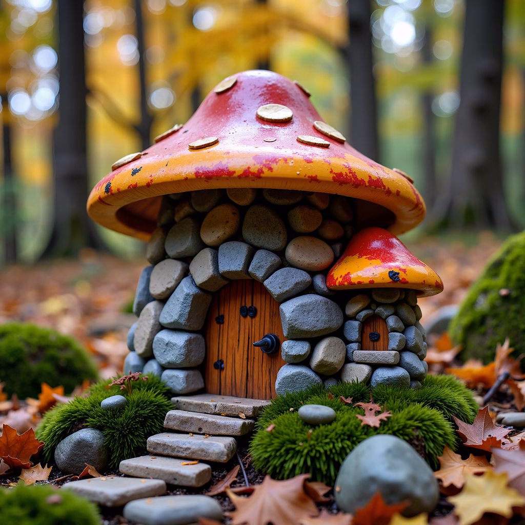 Whimsical mushroom house in a forest setting, featuring stone construction and vibrant colors.