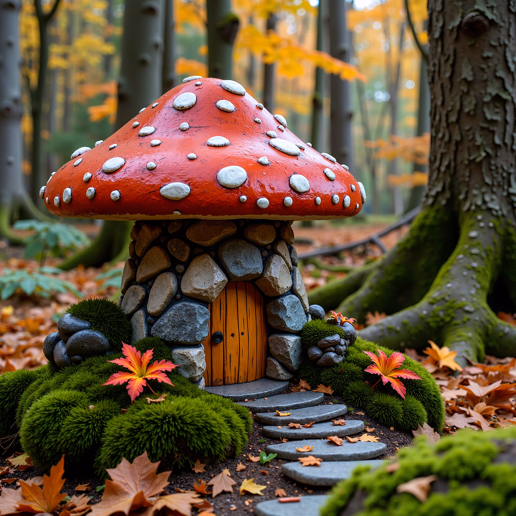 Whimsical mushroom house in a magical autumn forest
