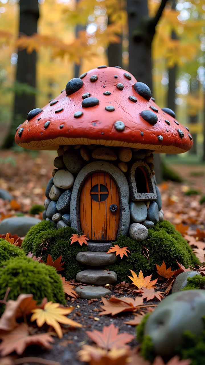 Whimsical mushroom house in a forest setting with autumn leaves.