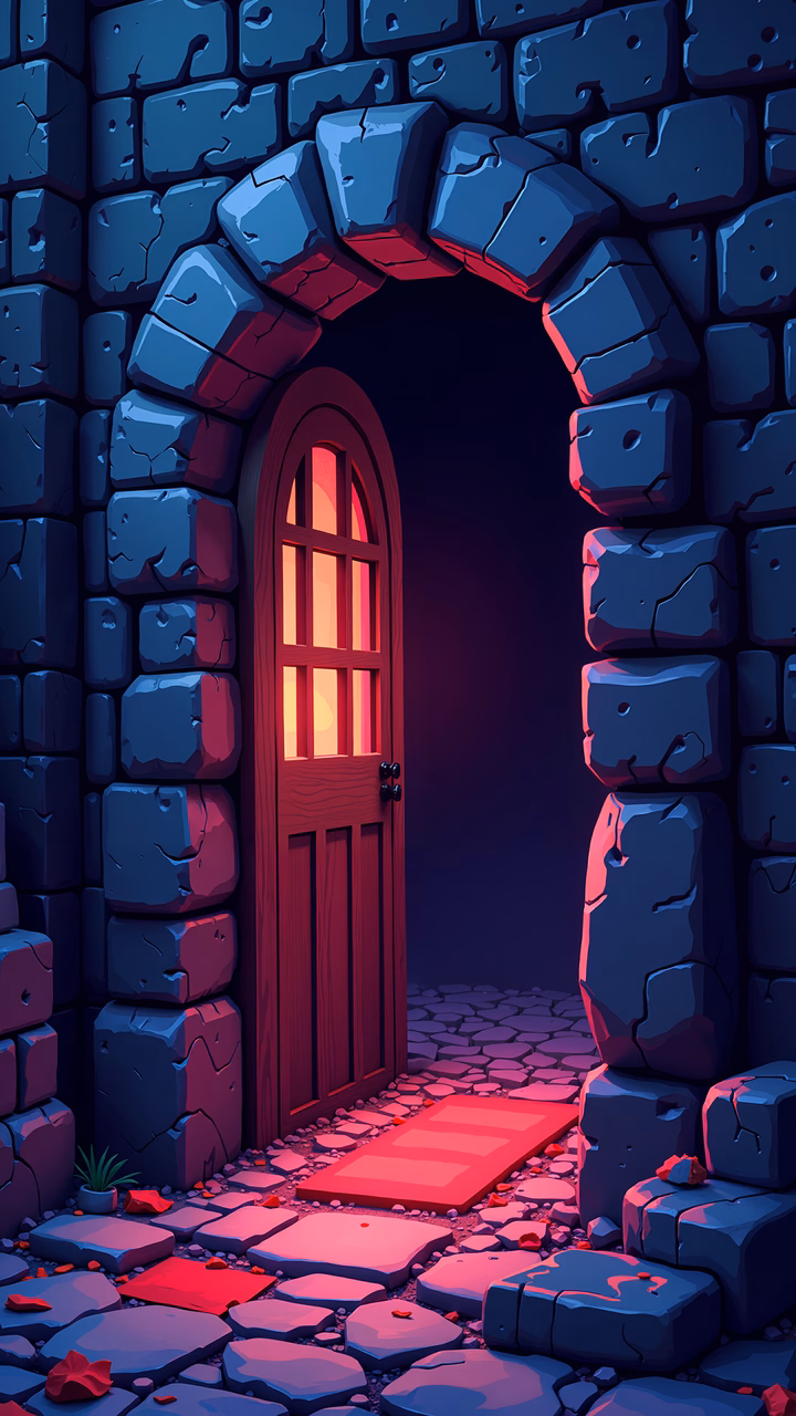 Mysterious stone archway with glowing red door, inviting fantasy adventure.