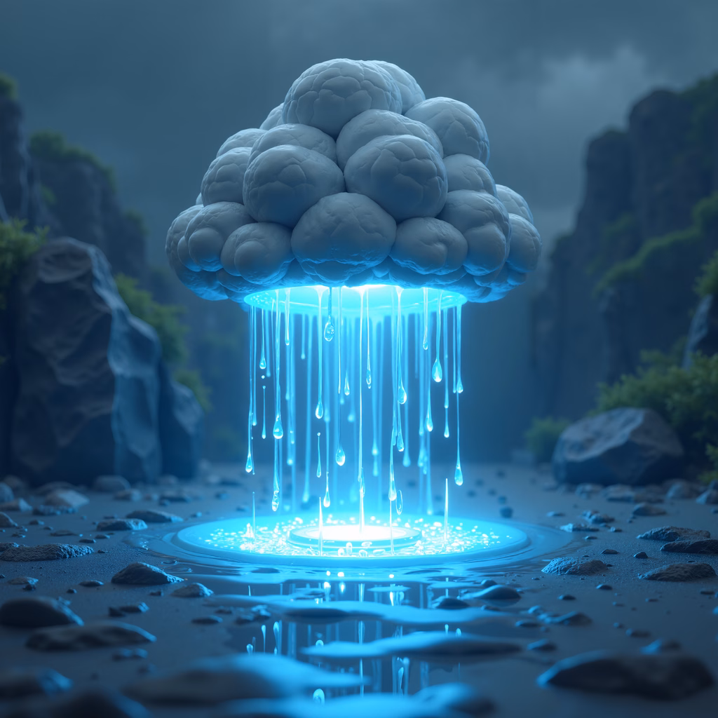 A glowing rain cloud descending over a misty mountainous landscape.