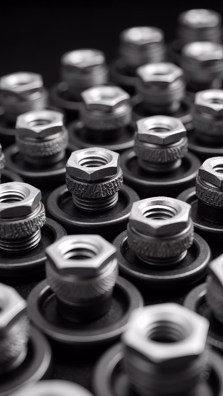 Black-and-white close-up of nuts and bolts, highlighting industrial precision.