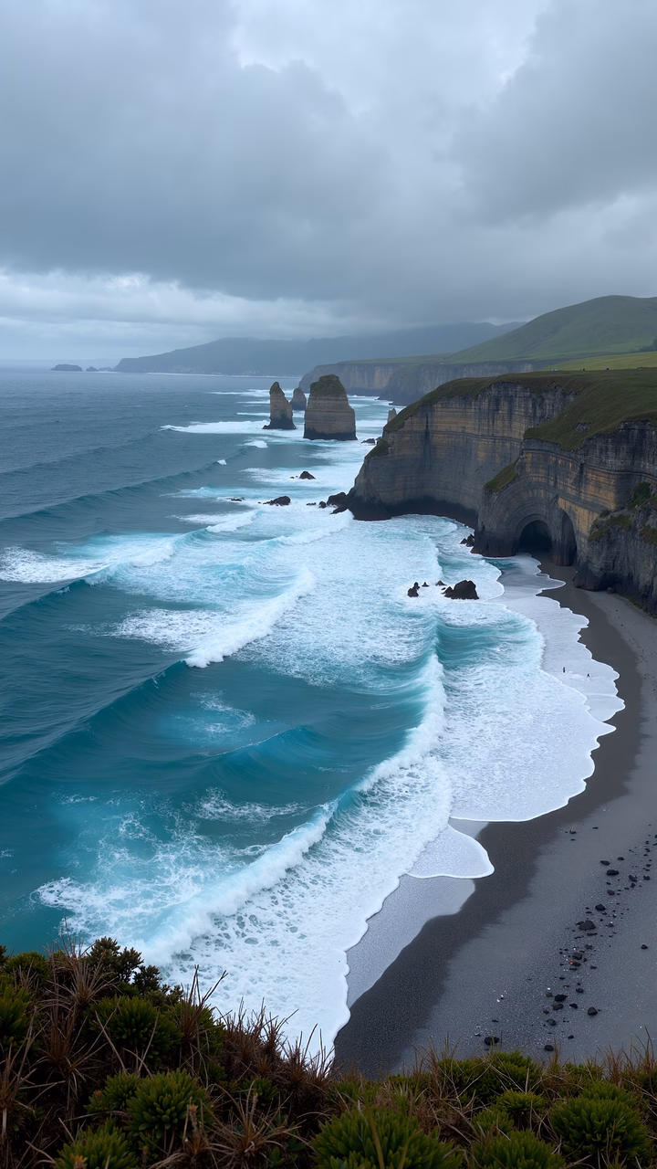 Dynamic ocean waves against rugged cliffs under an overcast sky.