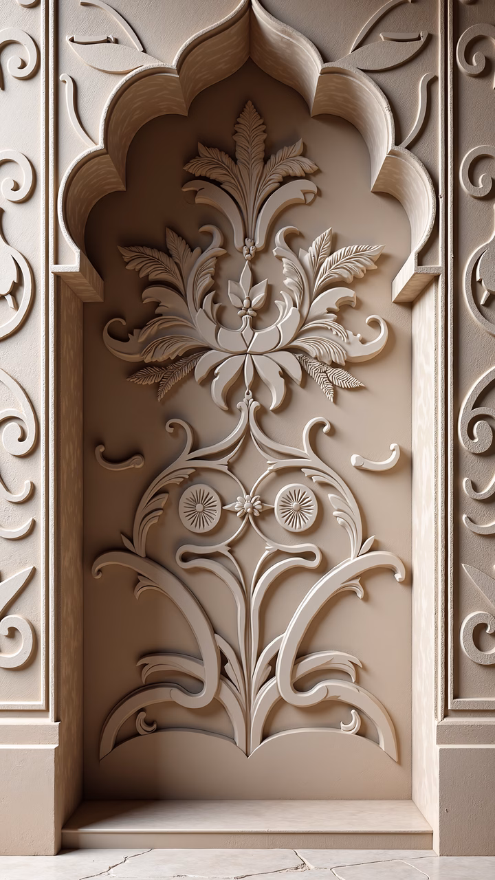 Elegant ornate doorway with detailed floral carvings in neutral tones.