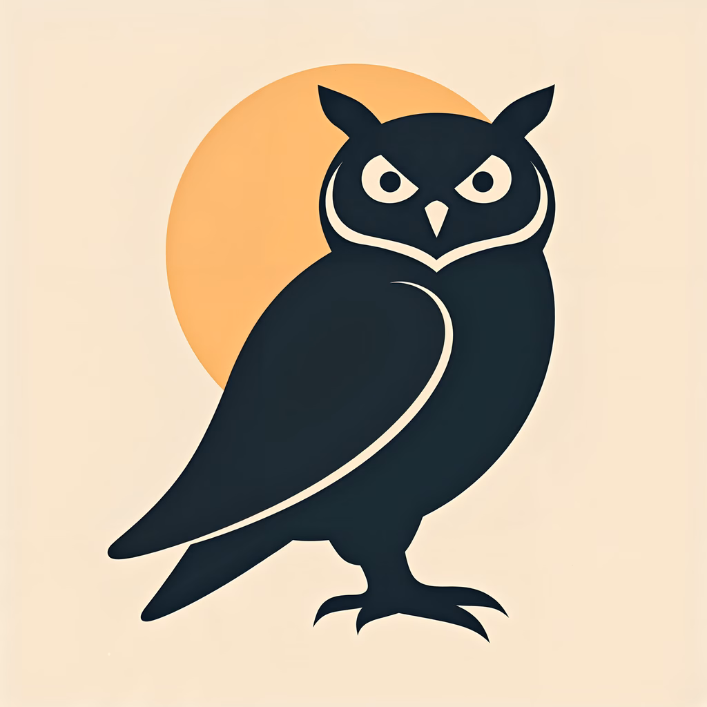 Minimalist owl silhouette against a warm sun, evoking mystery and wisdom.