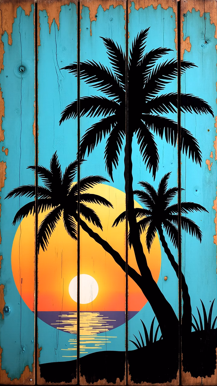 Vibrant sunset illustration with palm trees and rustic wood grain.