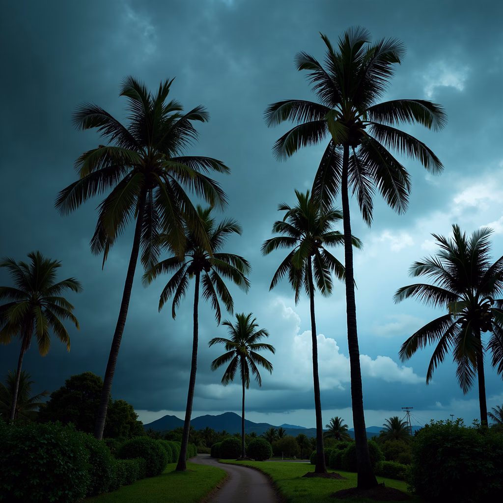 Tall palm trees line a path under a stormy sky, creating a serene yet dramatic scene.