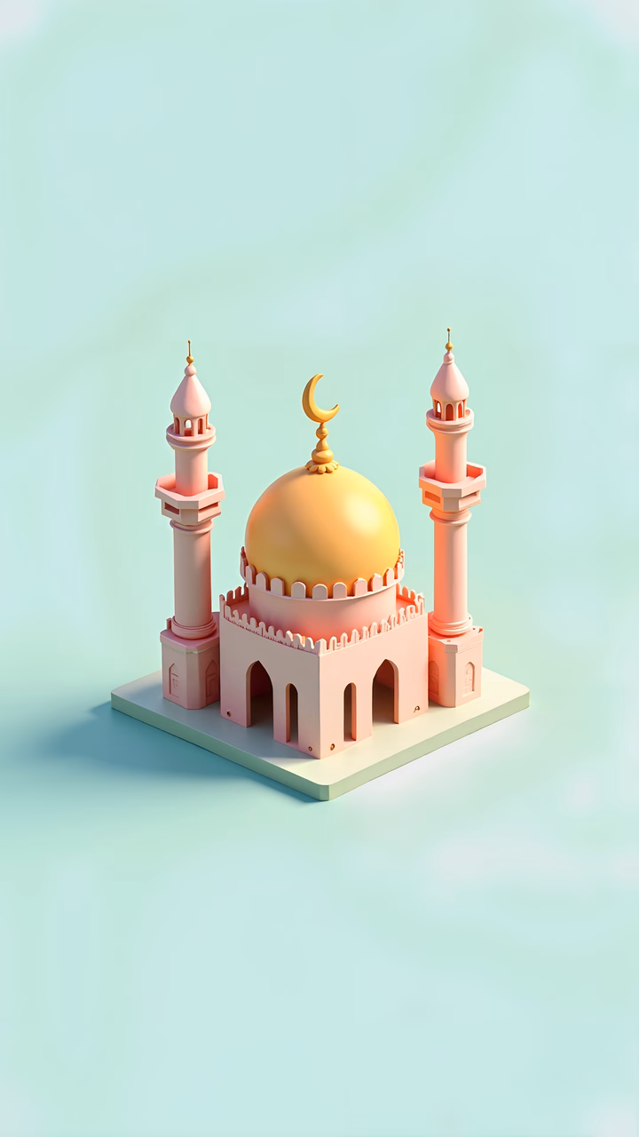 Minimalist pastel-colored mosque with golden dome and crescent moon symbol.