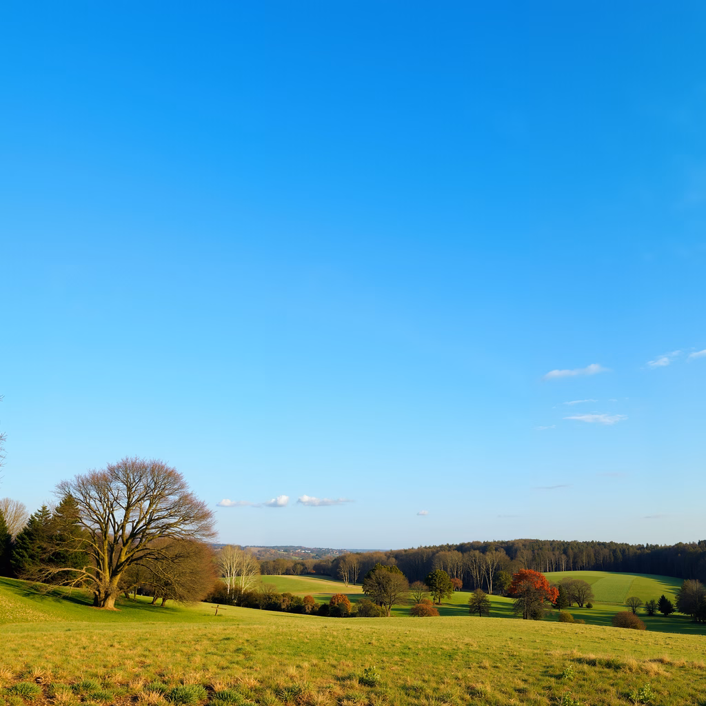 A tranquil pastoral landscape with rolling hills and sparse trees under a clear blue sky.