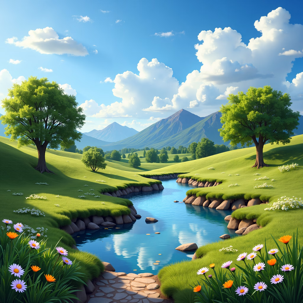 A tranquil pastoral scene with lush green hills and blooming flowers under a clear blue sky.