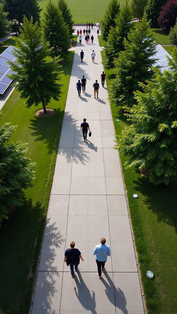 Aerial view of a pathway surrounded by greenery and people walking.