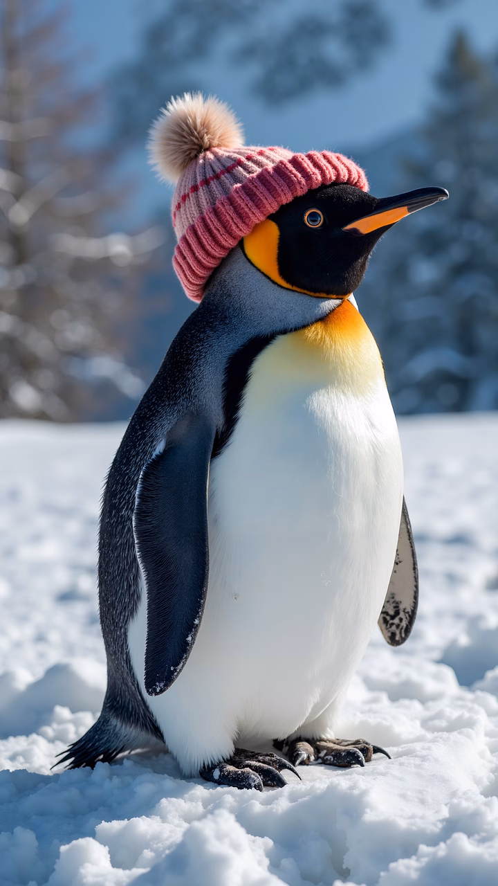 A cute penguin wearing a pink hat in a snowy setting.