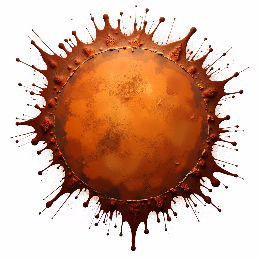 Vibrant orange splashes around a textured planet, symbolizing cosmic energy and natural beauty.