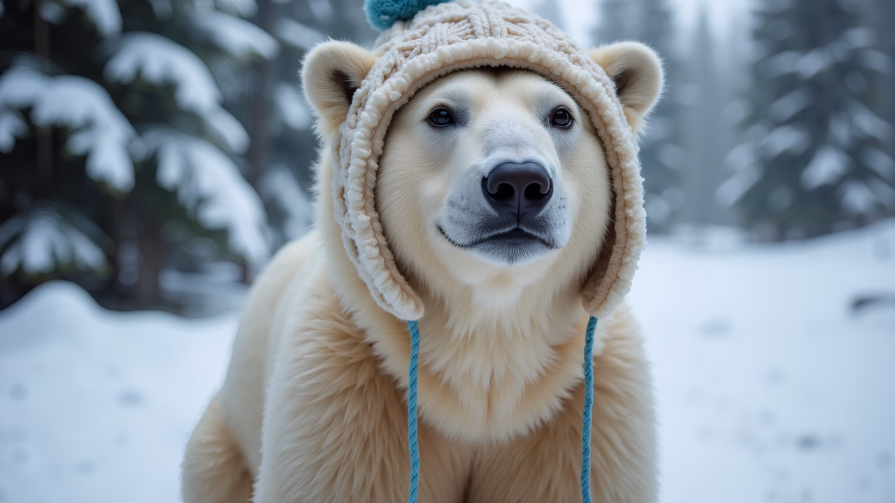 Close-up of a polar bear in a snowy forest, wearing a knitted hat.