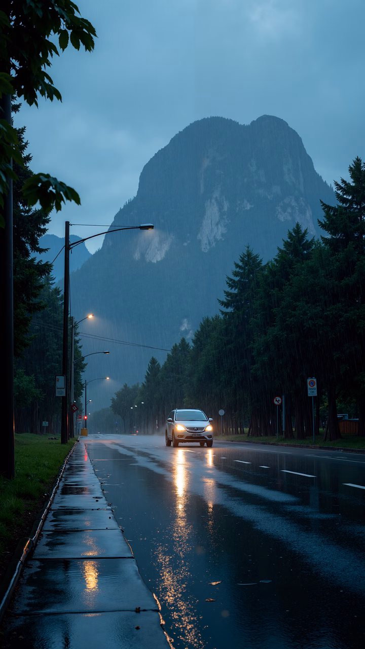 Solitary car journeying through a rainy landscape with mountain backdrop.