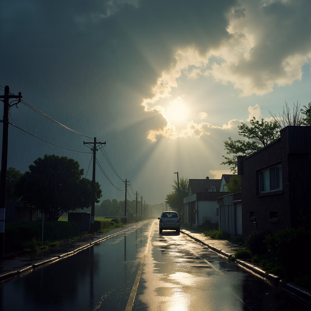 Rainy street with sun peeking through clouds, creating a serene atmosphere.