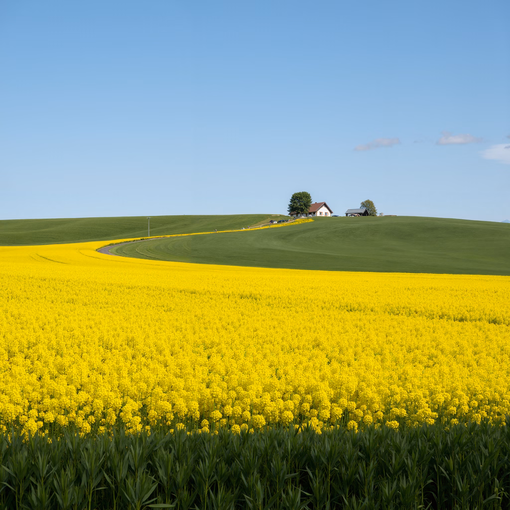 Vibrant rapeseed field with serene landscape and distant house.